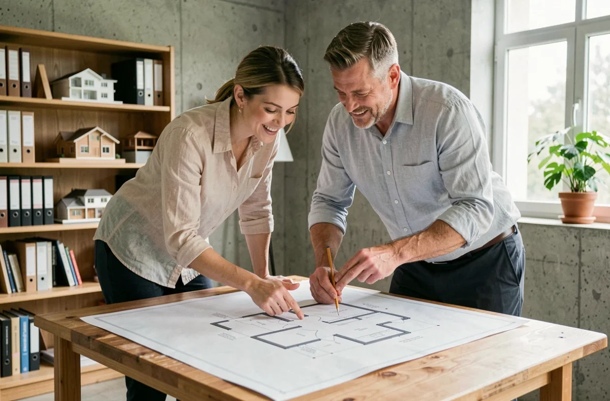 Couple étudiant les plans d'une maison plain pied en L sur une table d'architecte