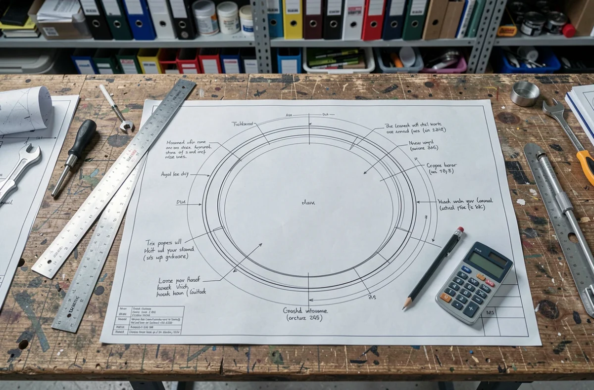 Plans techniques annotés d'une piscine ronde sur un établi avec règle et calculatrice pour calculer les m²