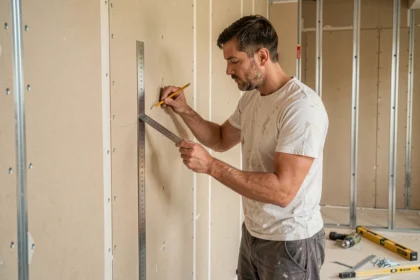 Plaquiste mesurant un mur en placo pour doubler le montant avant fixation de meuble lourd
