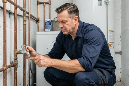 Plombier professionnel inspectant un robinet après l'installation d'un chauffe-eau dans une buanderie résidentielle