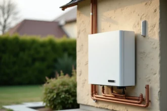 Pompe à chaleur air-eau installée sur la façade extérieure d'une maison pavillonnaire française avec tuyaux en cuivre isolés