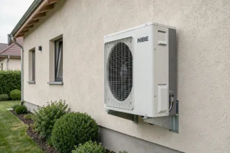 Pompe à chaleur Nibe installée sur la façade extérieure d'une maison individuelle moderne