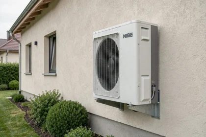 Pompe à chaleur Nibe installée sur la façade extérieure d'une maison individuelle moderne