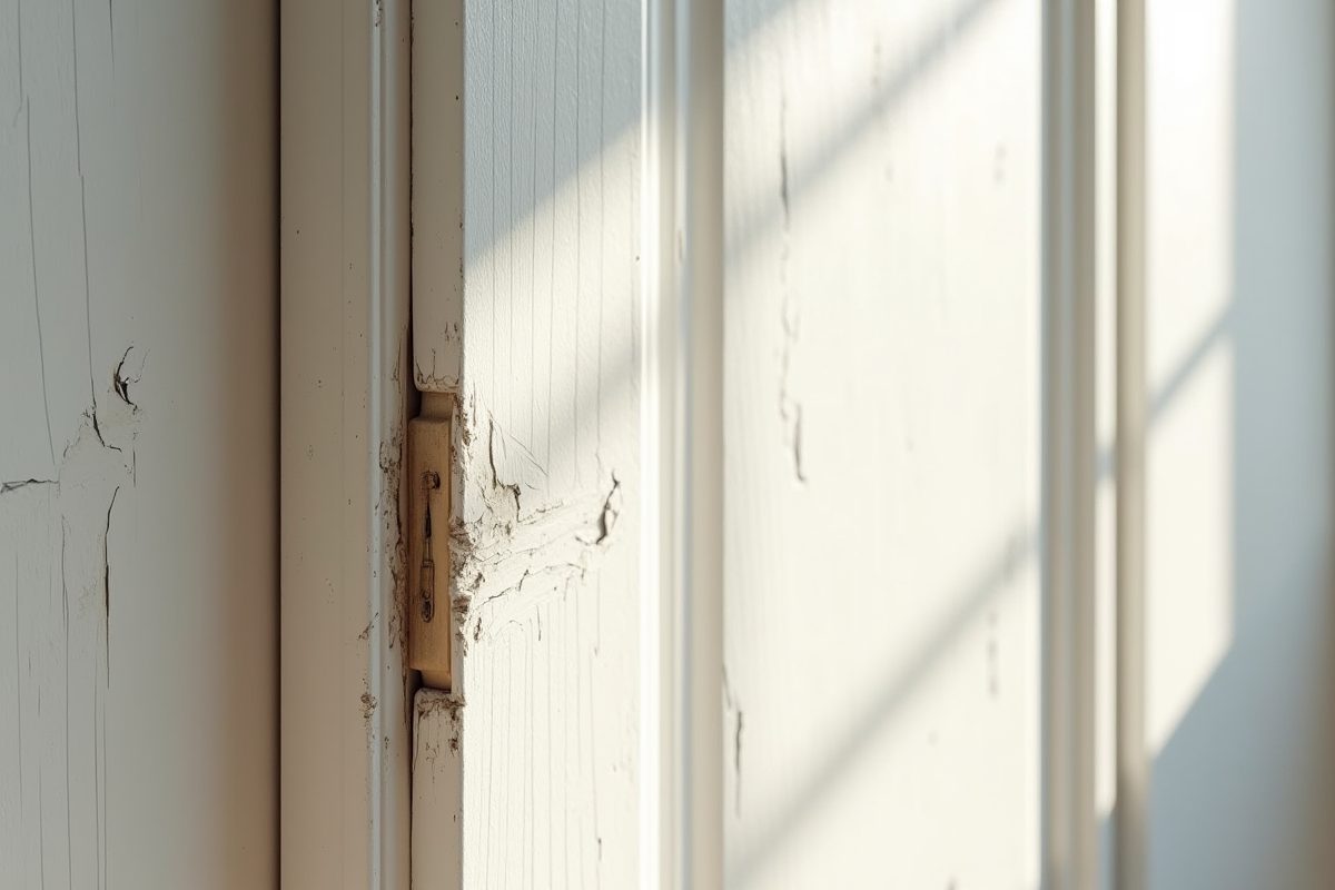Détail d'une porte en bois avec peinture écaillée et texture irrégulière