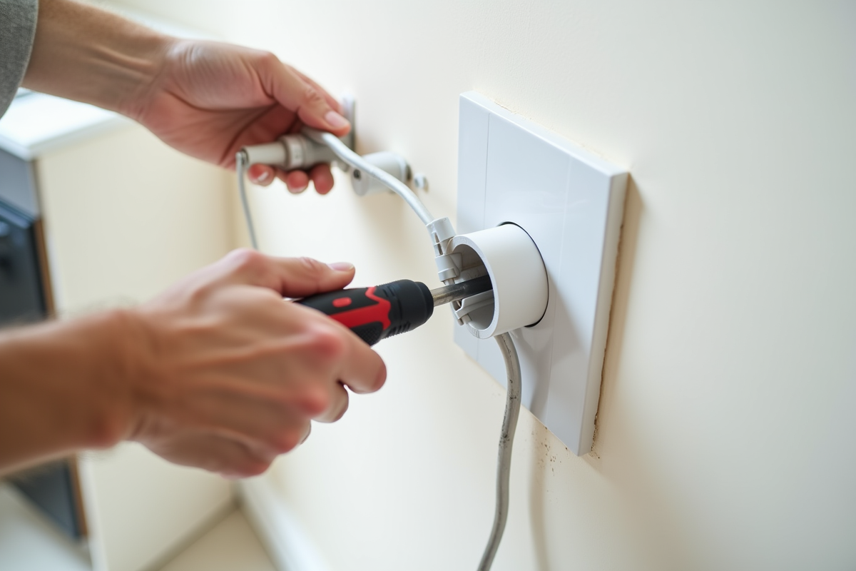 Main fixant conduit électrique blanc dans une cuisine lumineuse