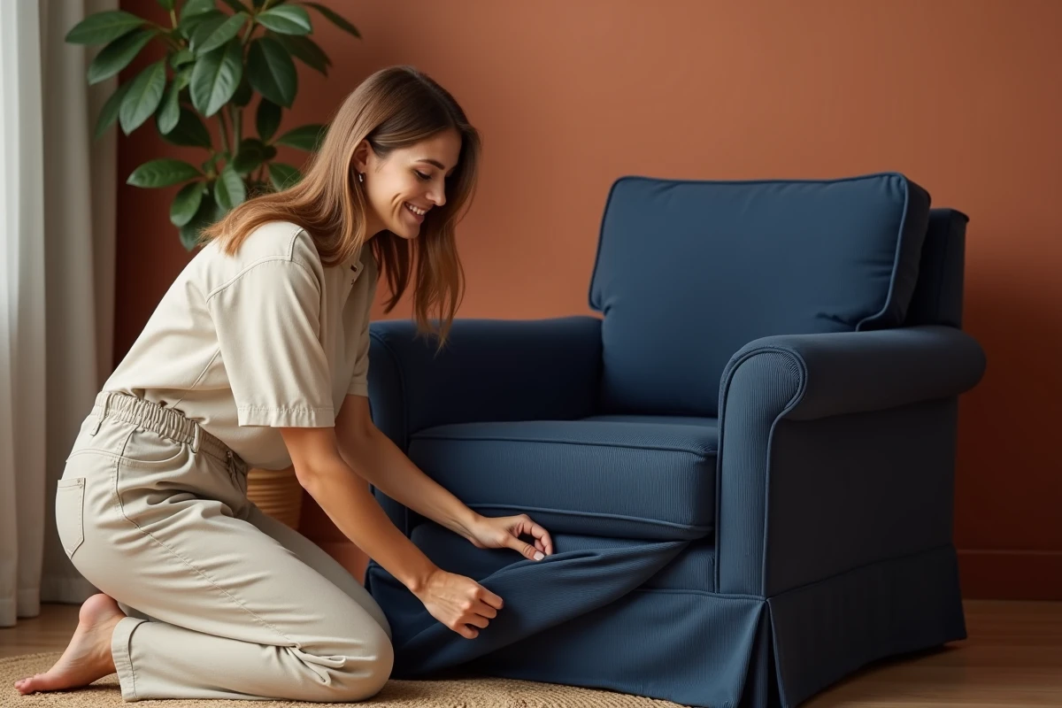 Femme ajustant une housse extensible bleue marine sur un fauteuil dans un intérieur chaleureux aux murs terracotta