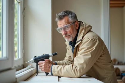 Professionnel du bâtiment appliquant un joint acrylique blanc sur un encadrement de fenêtre avant peinture dans un intérieur en rénovation