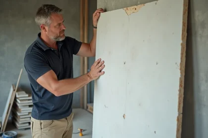 Ouvrier posant un panneau de placo isolant sur un mur intérieur lors de travaux de rénovation thermique
