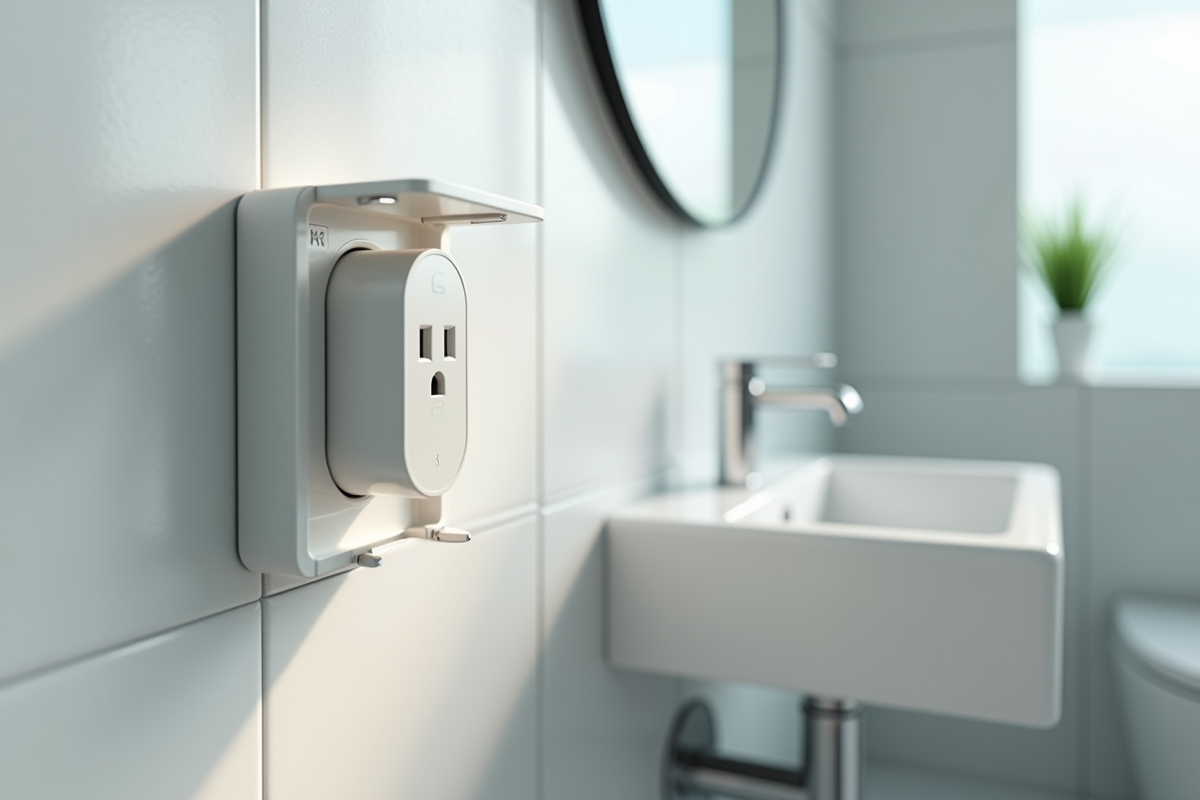 Prise électrique blanche avec protection dans une salle de bain lumineuse