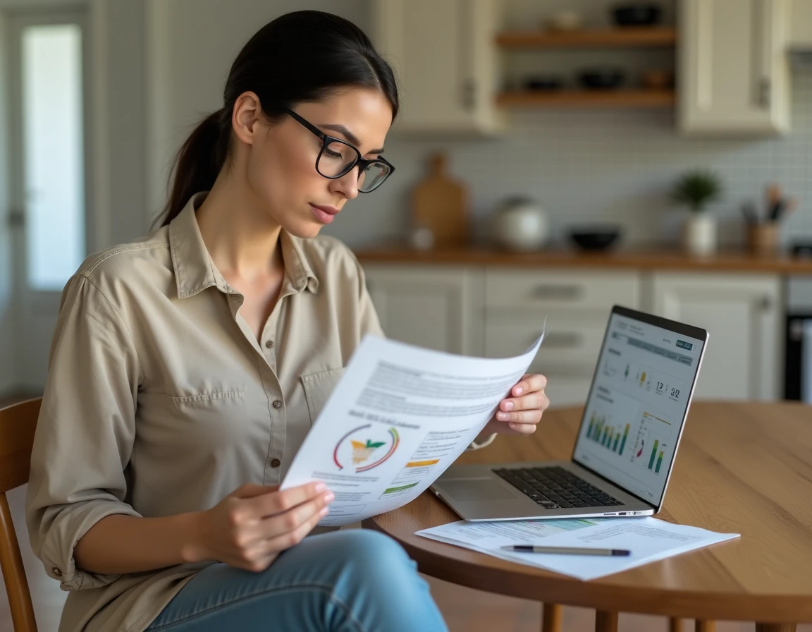 Propri&eacute;taire consultant un rapport d'audit thermique et un site d'&eacute;valuation &eacute;nerg&eacute;tique dans sa cuisine