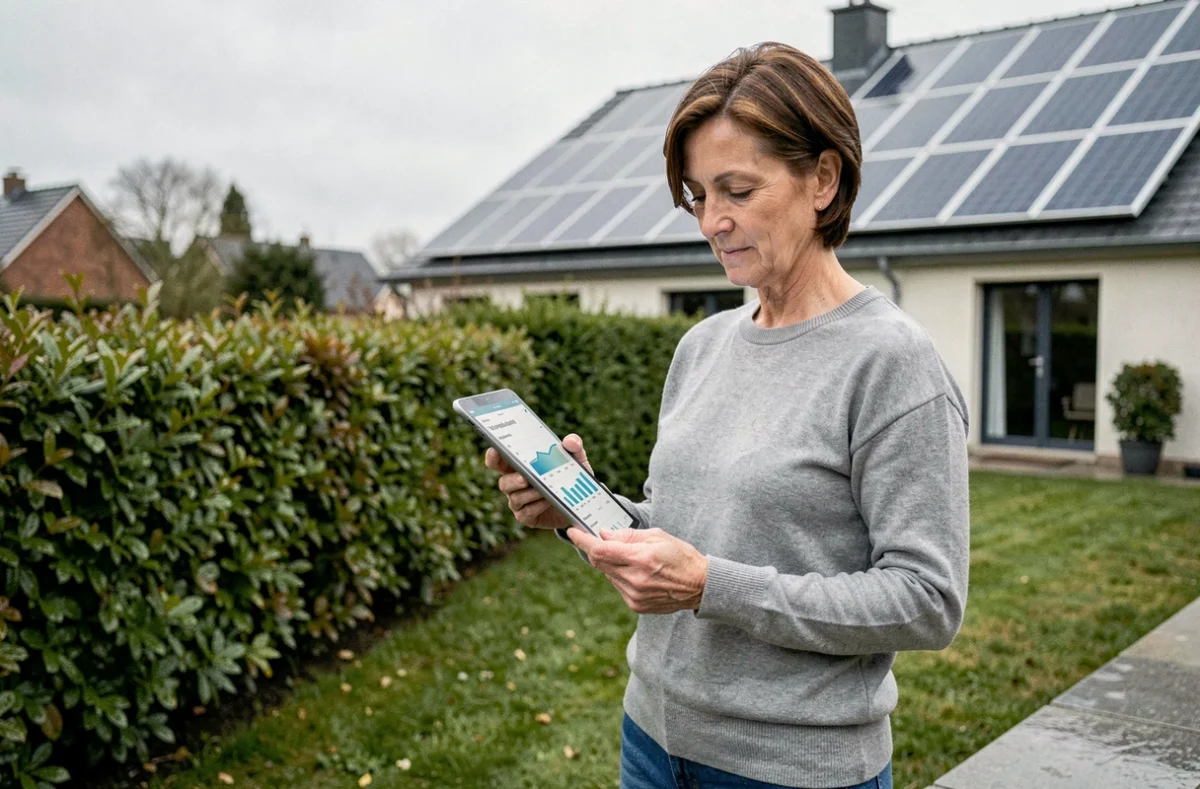 Propriétaire consultant un rapport d'économies d'énergie solaire devant sa maison à Rouen
