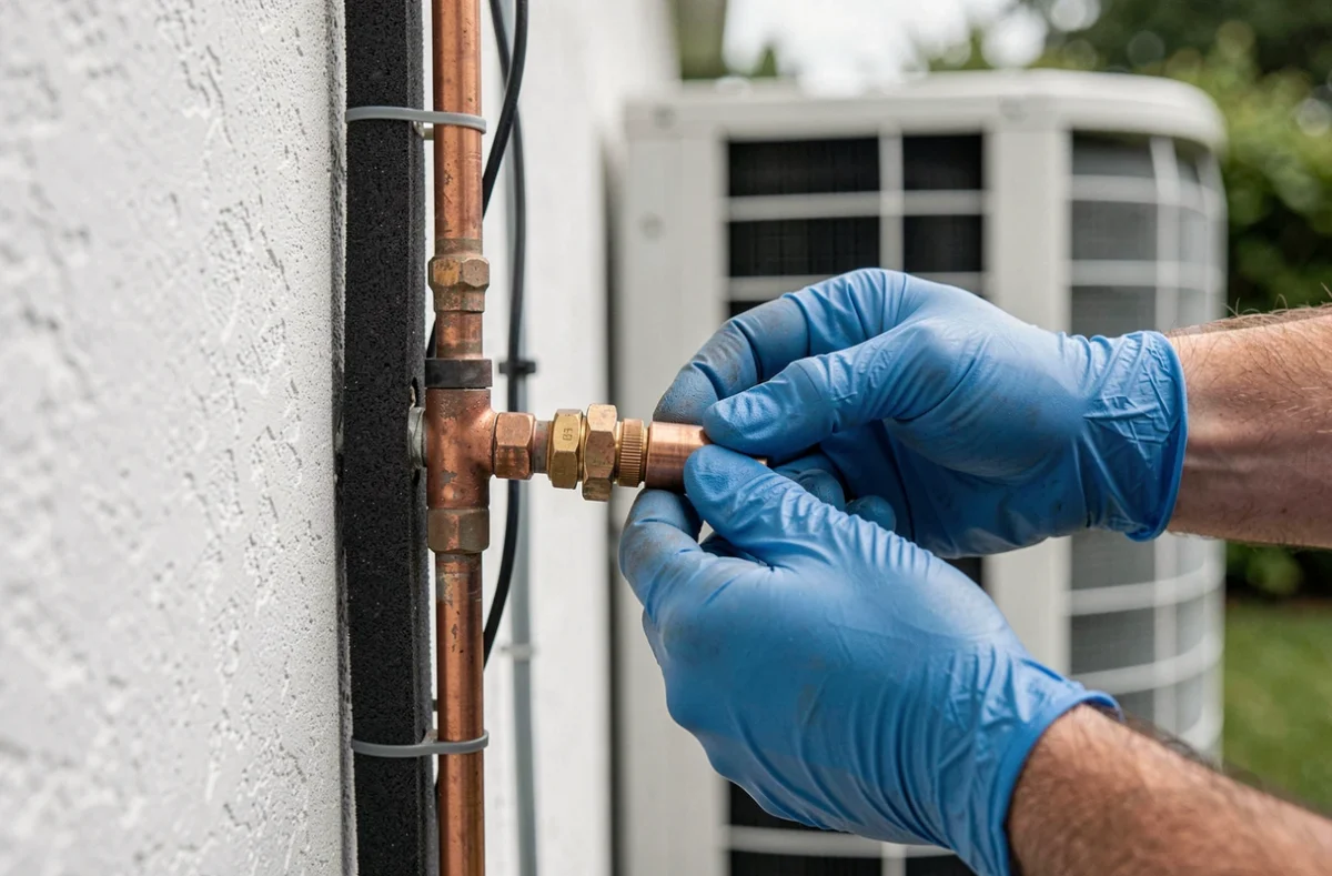 Gros plan sur les mains d'un installateur certifié raccordant les tuyaux en cuivre d'une pompe à chaleur air-air