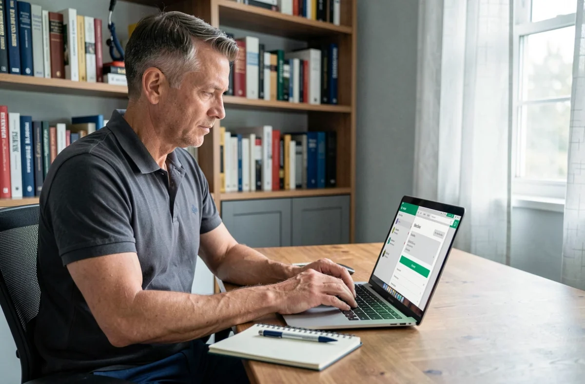 Homme recherchant et comparant des services de ménage à domicile sur un ordinateur portable depuis son bureau