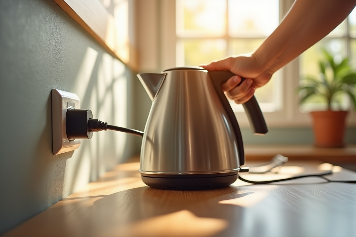 Main débranchant une vieille bouilloire électrique dans la cuisine