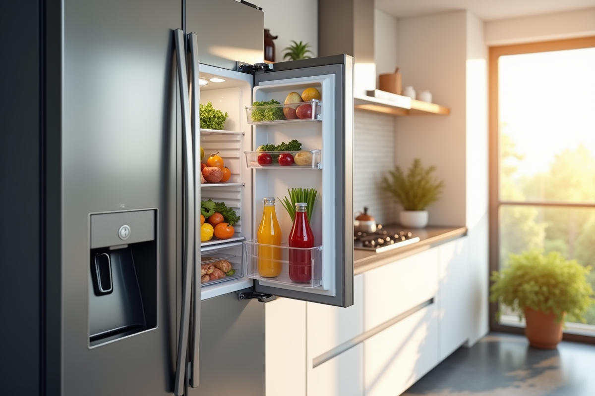 Réfrigérateur moderne en cuisine lumineuse avec aliments organisés