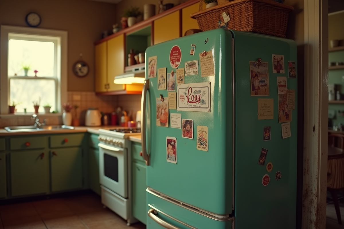 Réfrigérateur vintage avec magnets et notes dans cuisine chaleureuse
