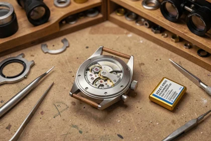 Remplacement de pile de montre sur un établi d'horloger avec outils professionnels et pile neuve