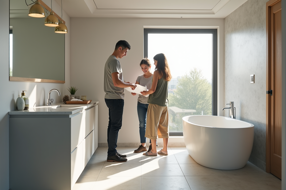 Salle de bain en rénovation avec un entrepreneur et un couple