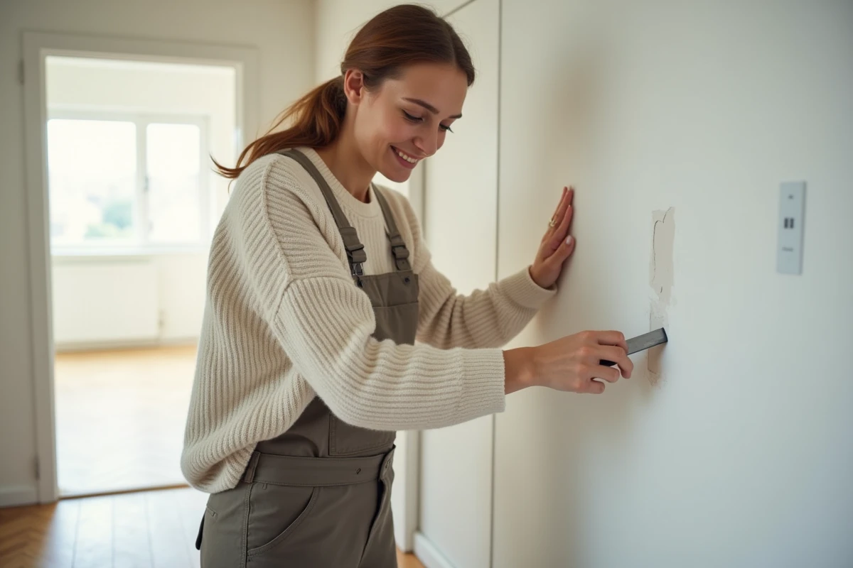 Femme réparant un trou dans un mur en platre avec une spatule