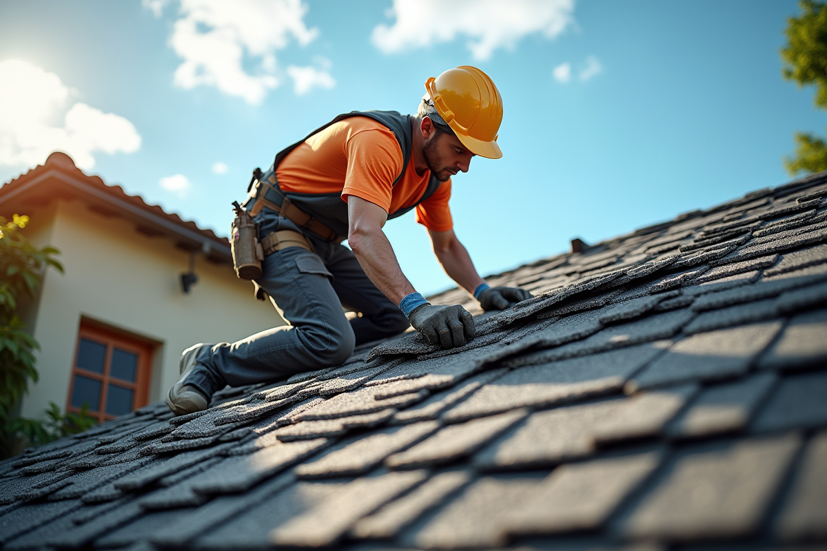 Ouvrier en action retirant des tuiles d'asphalte sur un toit en pente