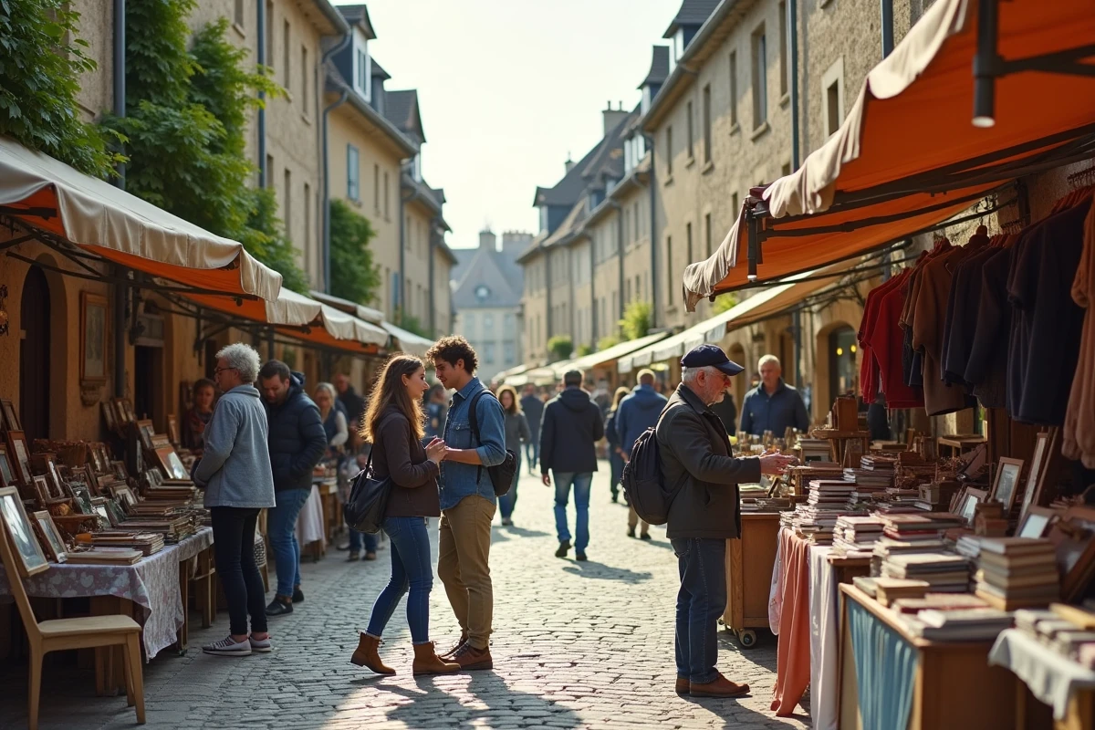Rue de village en Deux-Sèvres transformée en marché de vide grenier le week-end avec de nombreux visiteurs