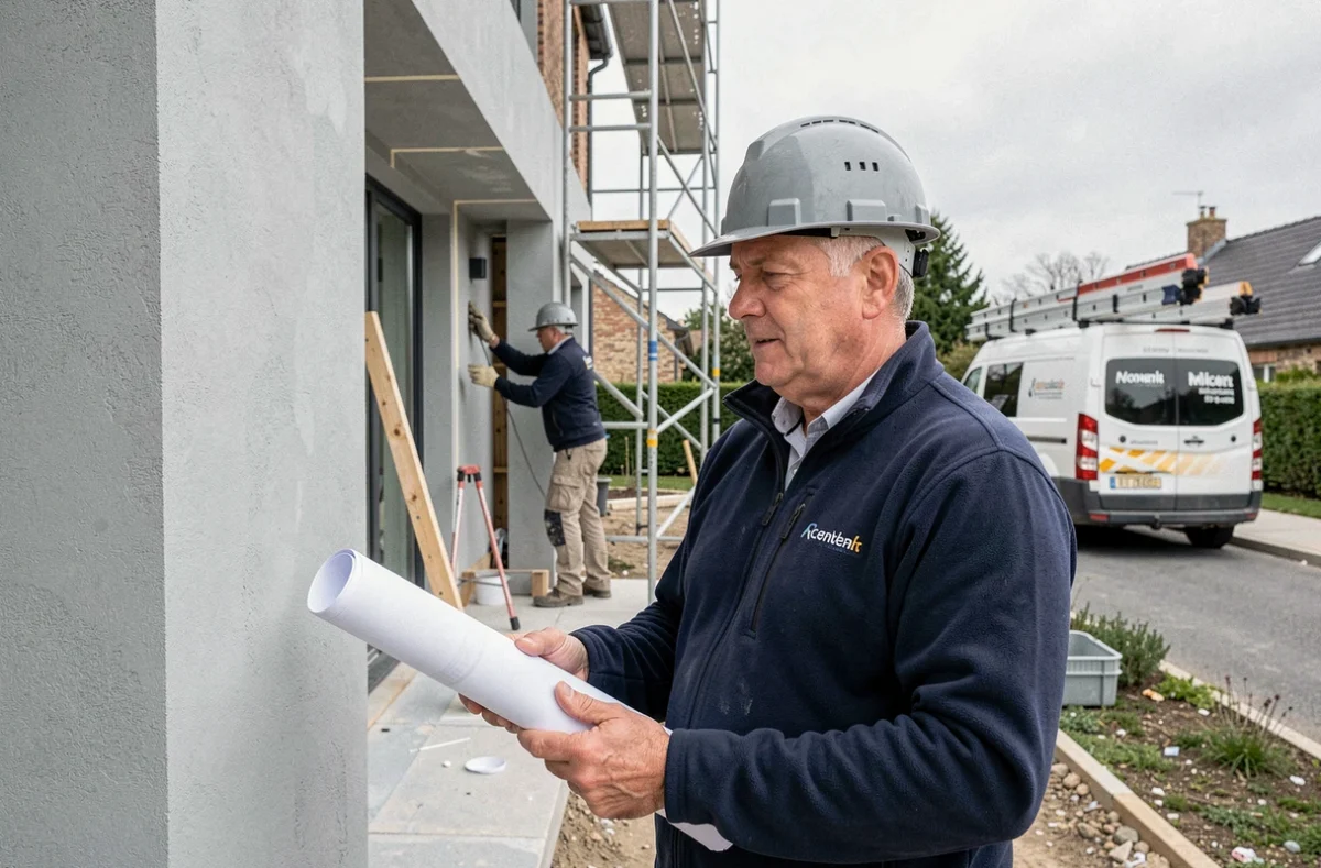 Chef de chantier de Rycor SARL inspectant une façade isolée rénovée sur un chantier résidentiel des Yvelines