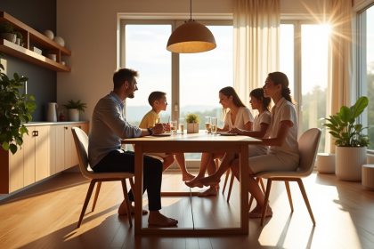 Salle a manger moderne avec famille autour d'une table en bois