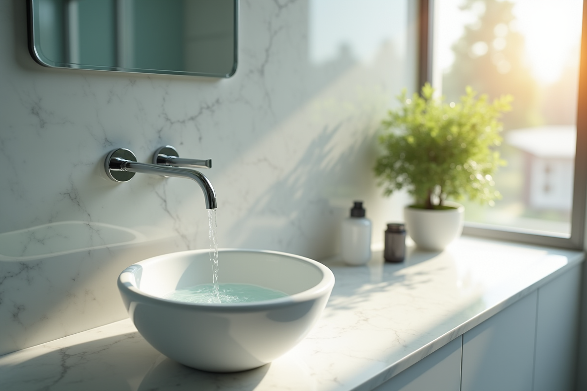Salle de bain moderne avec un lavabo et un bol d'eau de pluie