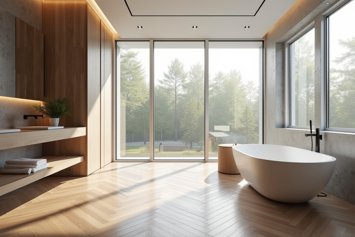 Salle de bain moderne avec parquet et baignoire