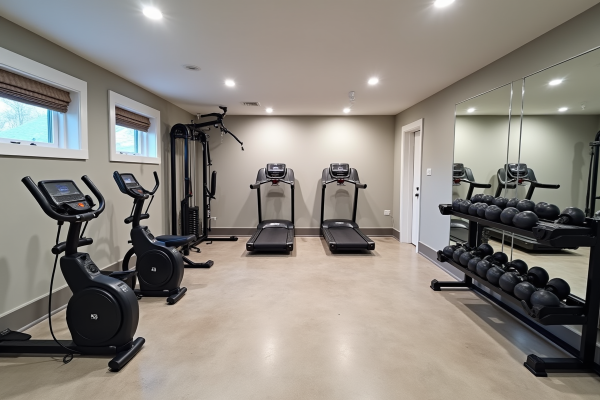 Salle de sport lumineuse sous-sol avec equipement haut de gamme