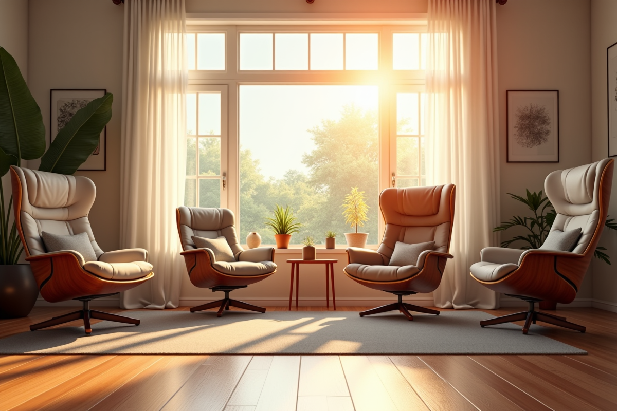 Salon avec fauteuils variés près d