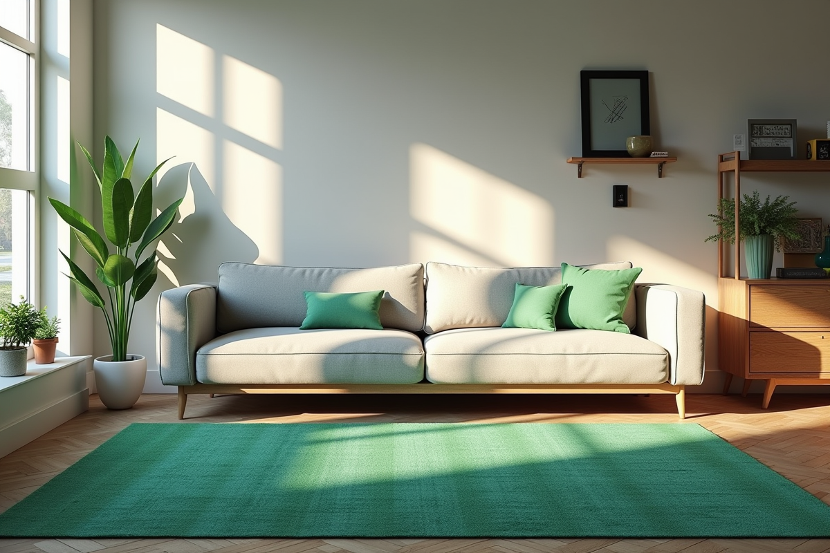 Salon contemporain avec canapé gris et tapis vert émeraude
