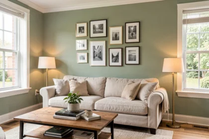 Salon lumineux avec mur d'accent vert sauge et cadres