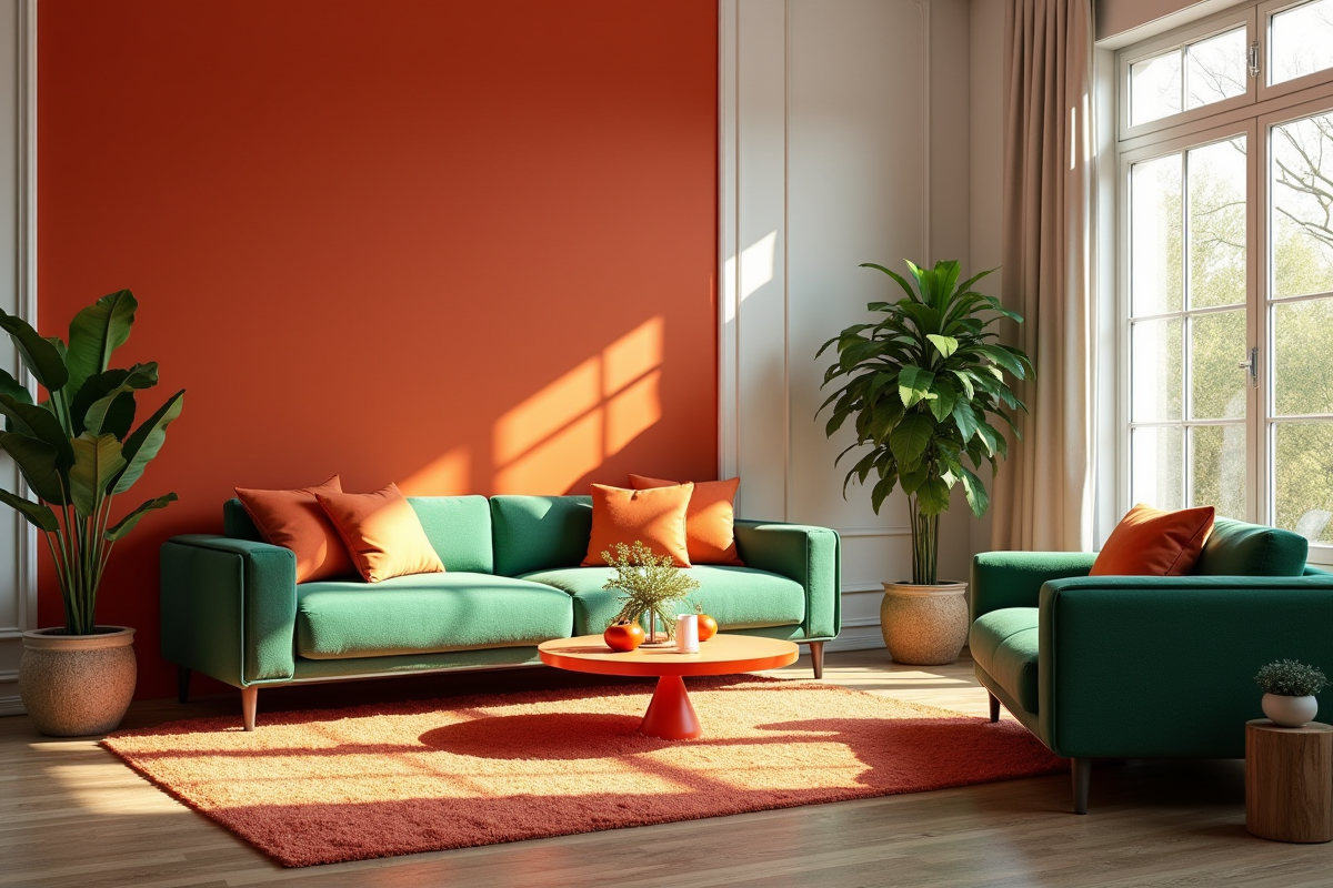 Salon moderne avec meubles verts et accents rouges et orange