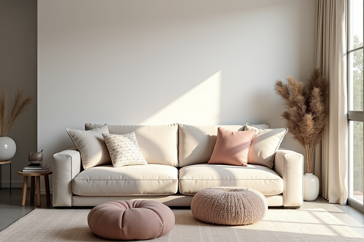Salon moderne avec canapé pastel et décoration minimaliste