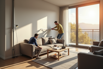Salon moderne avec couple installant conduits électriques