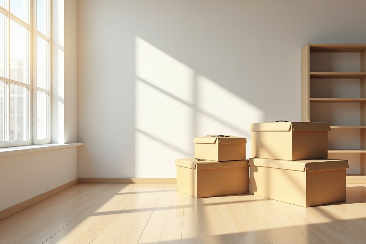Salon lumineux et moderne avec meubles minimalistes et cartons