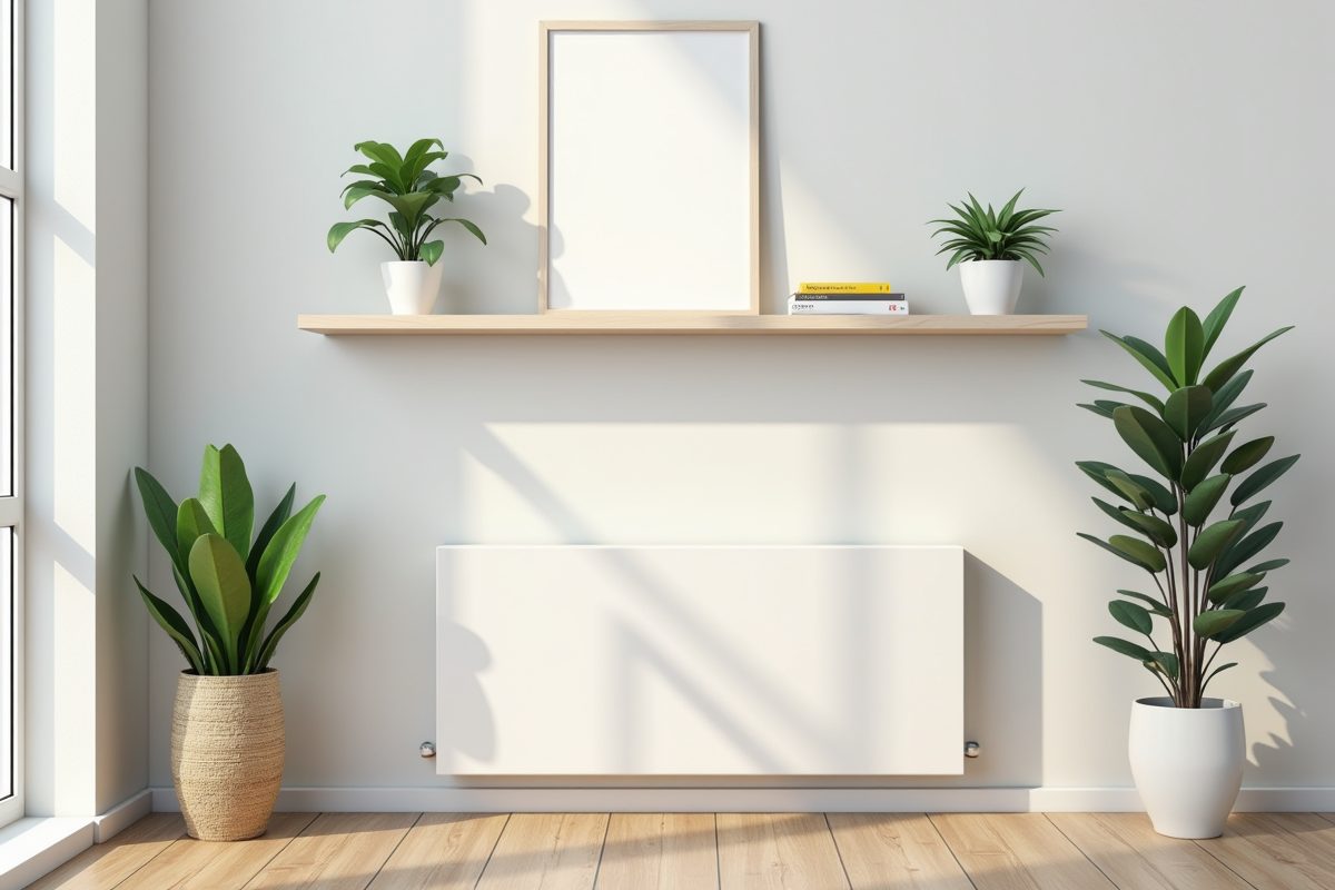 Salon moderne avec étagère blanche au-dessus d'un radiateur blanc