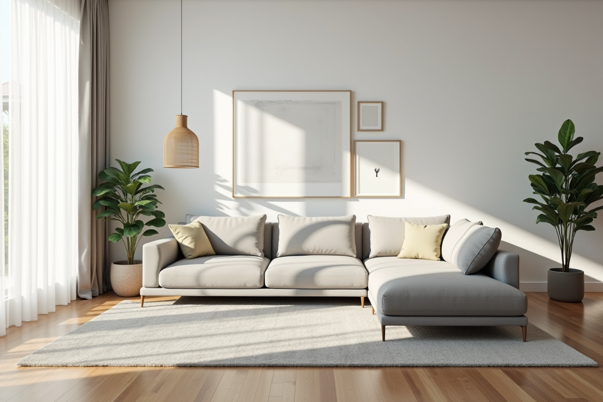 Salon moderne avec canapé gris clair et décoration minimaliste