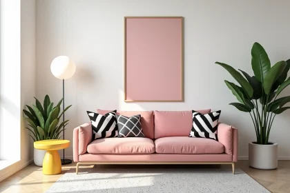 Salon pop design chic avec canapé rose velours, table jaune et art mural graphique dans un intérieur moderne