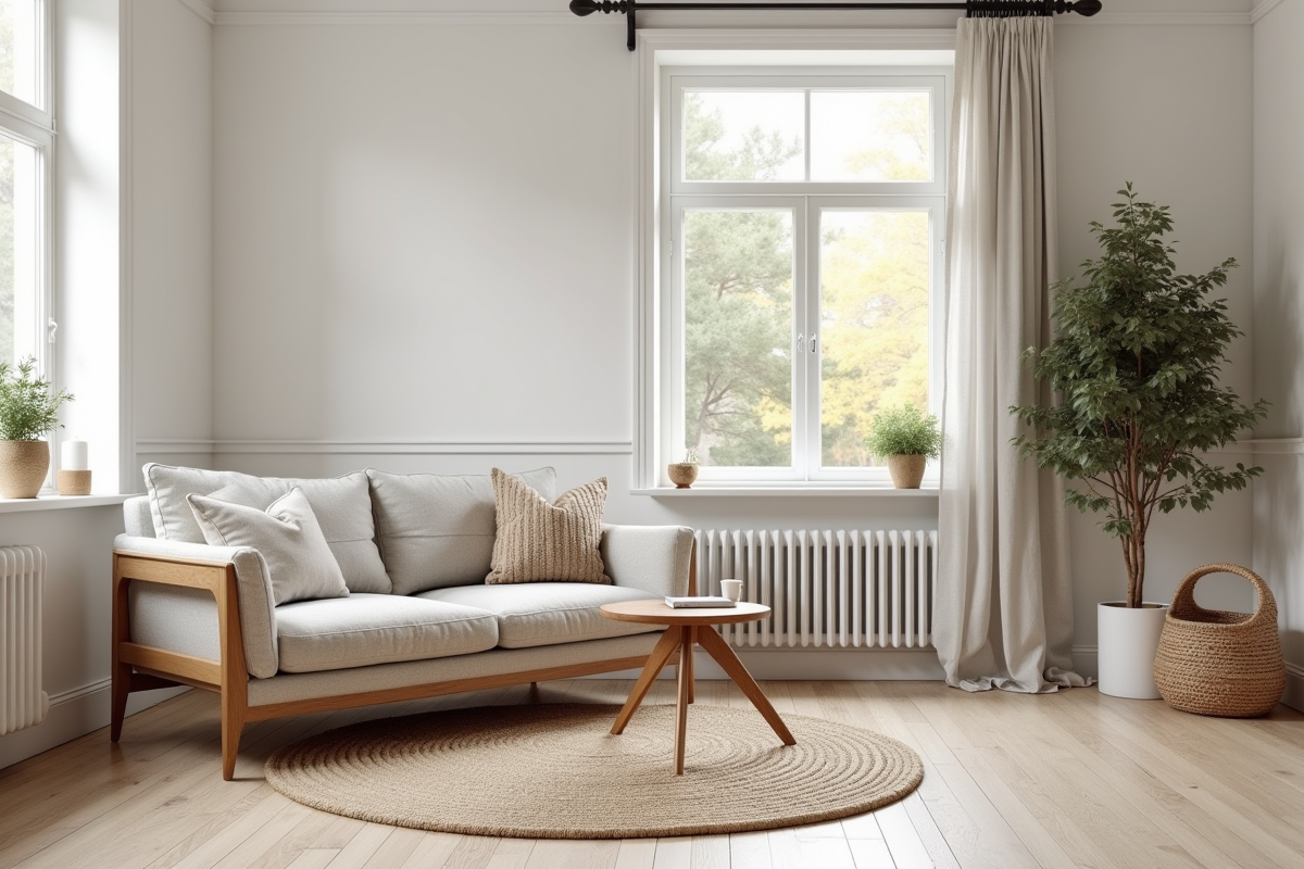 Salon scandinave chaleureux avec canapé compact et tapis en laine
