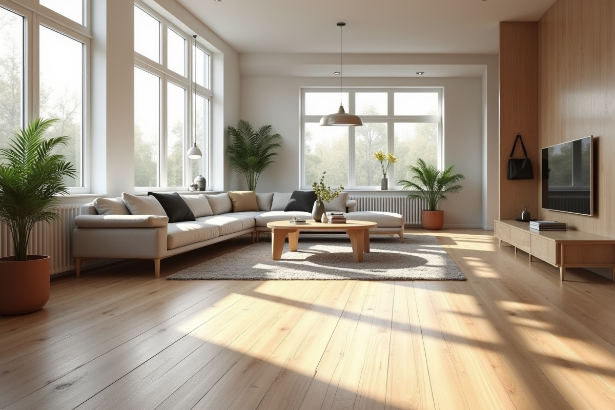 Salon moderne avec parquet en bois clair et décoration scandinave