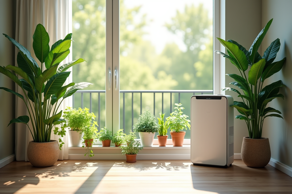 Salon moderne avec plantes vertes et purificateur d'air