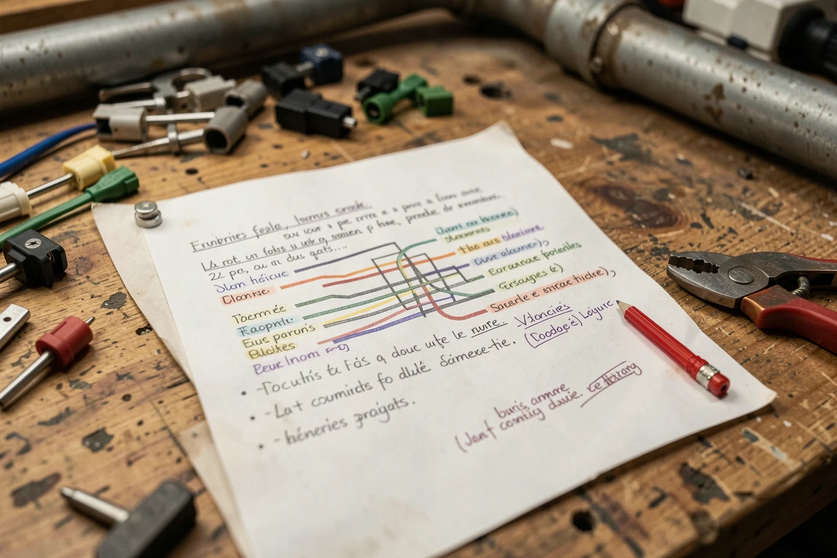 Schéma électrique 380V annoté à la main posé sur un établi de garage avec outils électriques