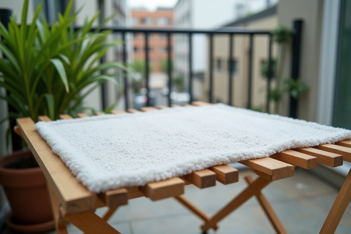 Tapis de bain antidérapant en train de sécher sur un étendoir en bois sur un balcon