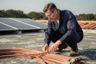 Électricien choisissant la section de câble adaptée pour un panneau solaire sur un toit résidentiel