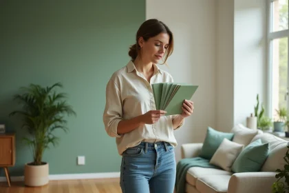 Femme choisissant un &eacute;chantillon de peinture vert pastel