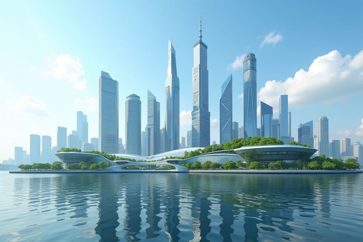 Silhouette de ville futuriste avec gratte-ciel verts et jardins sur le toit
