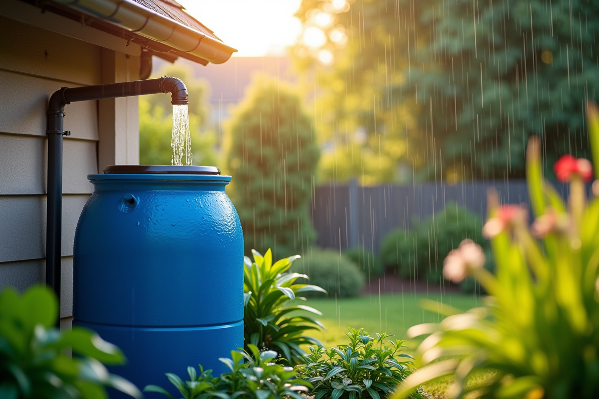 Système moderne de récupération d'eau de pluie dans un jardin