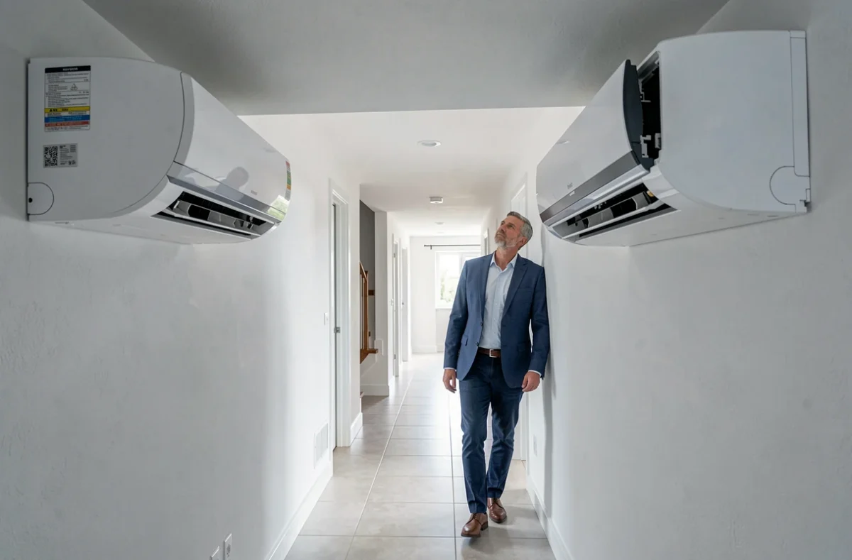 Couloir de maison moderne équipé de deux unités intérieures de climatisation multi-split fixées aux murs